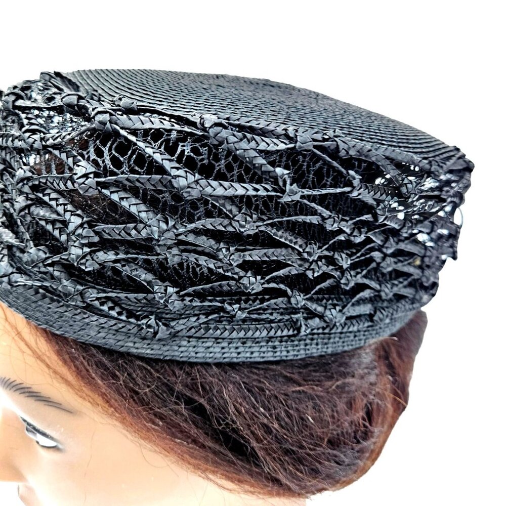 Vintage Black Woven Straw Pillbox Cage Hat Buffums Pinehurst 22" 1960s - Picture 9 of 12